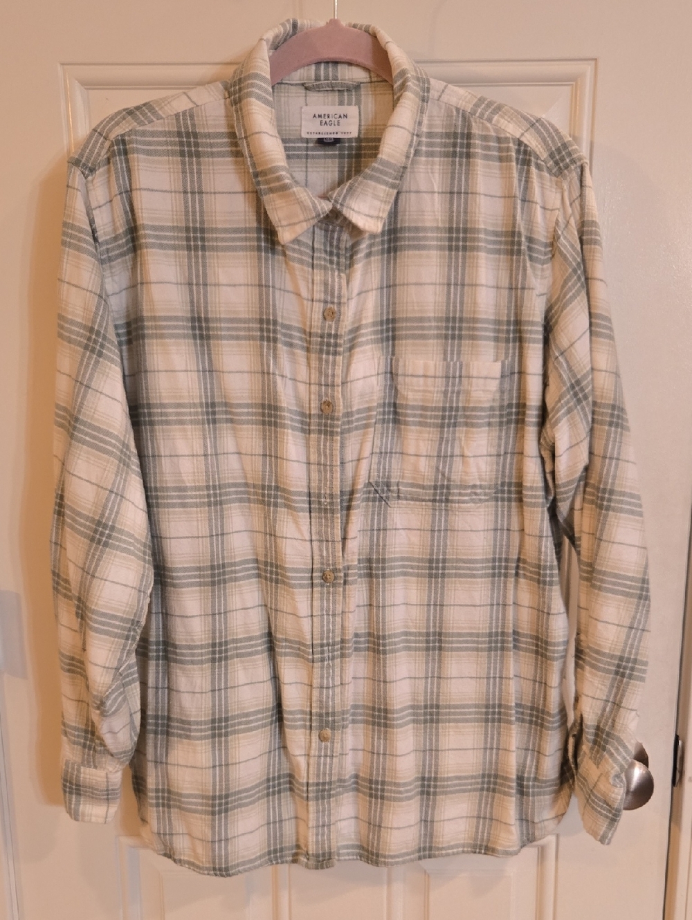 American Eagle Outfitters Cream and Green Plaid Button-Down Shirt